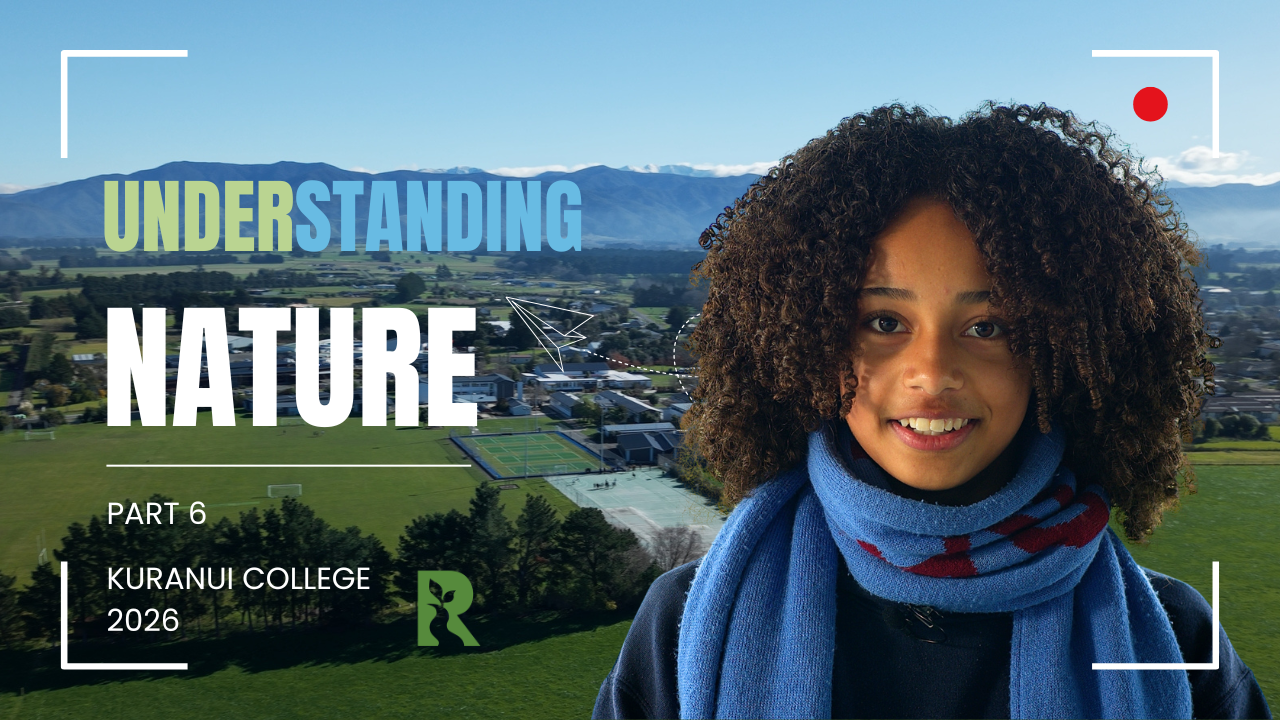 Kuranui College pupil with a view of the college from the air in the background.