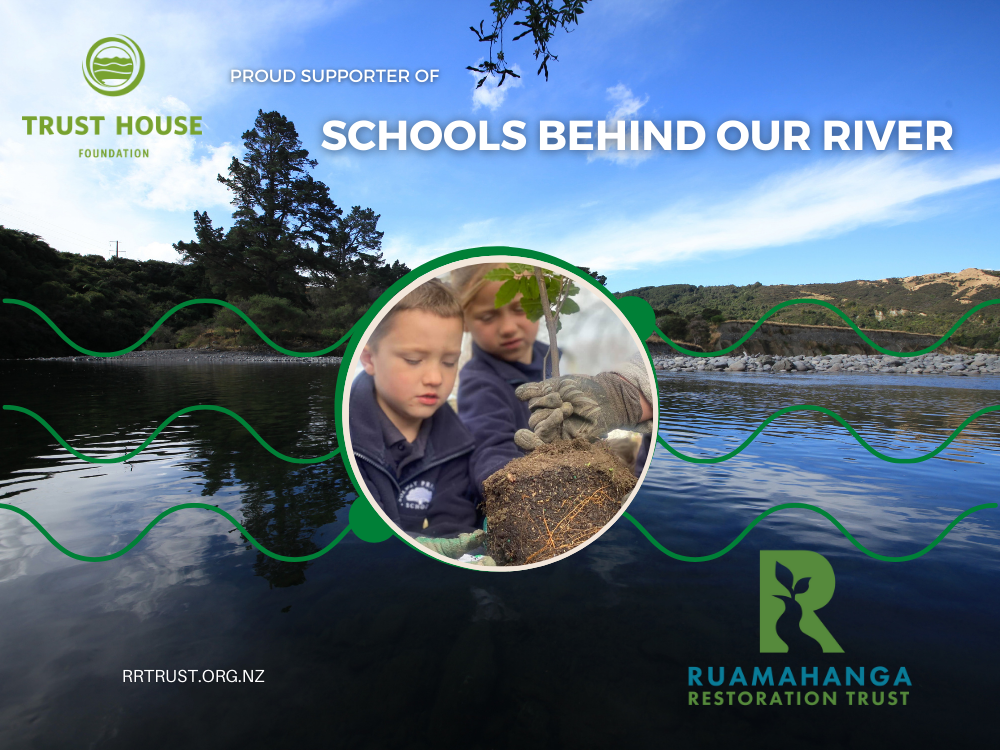 Photo of Ruamahanga River with the Trust House logo and the Ruamahanga Restoration Trust logo