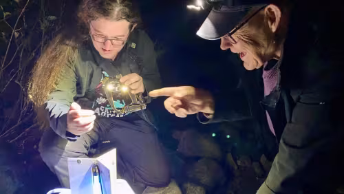 Rudd Kleinpaste pointing at a moth trap with Christopher Stephens